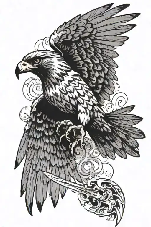 A falcon plunging from above with wings flared outward. Its talons are grasping the hilt of a sword with flames tattoo design idea