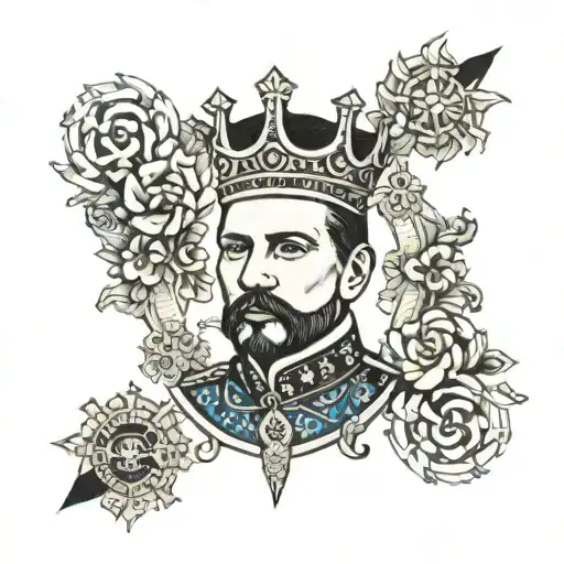 A traditional tattoo design showcasing a portrait of a famous Croatian king, surrounded by symbols representing their reign and influence in history tattoo design idea
