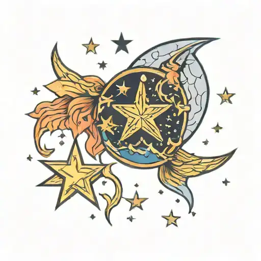 fallen star and moon with starry night sky background tattoo design idea