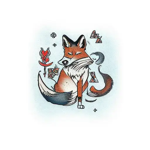 A traditional-style tattoo of a mystical tarot card with a fox and rat tattoo design idea