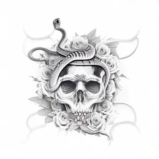 Snake wrapped on a dagger and surrounded with flowers and small skulls tattoo design idea