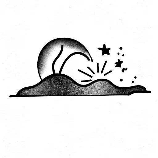 river scene with a cliff, water lily and one star tattoo design idea