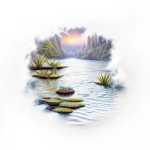 river scene with a cliff, water lily and one star tattoo design idea