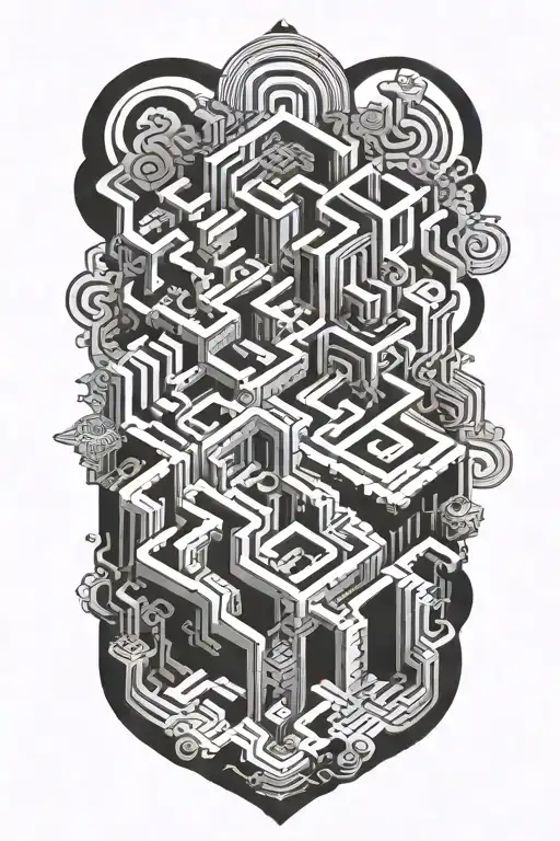 Mysterious Maze: Create a complex maze with mysterious symbols and secret passages on your leg, creating an illustration tattoo design idea