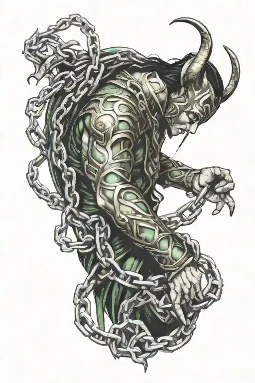 Loki chained and being damaged magnetic field tattoo design idea