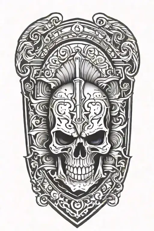 Skull under a Spartan shield tattoo design idea