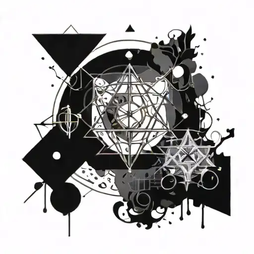 A tattoo design combining alchemy symbols with abstract patterns, incorporating elements of dark magic tattoo design idea