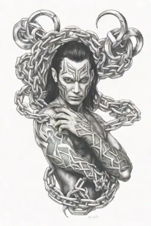 Loki chained and being damaged magnetic field tattoo design idea