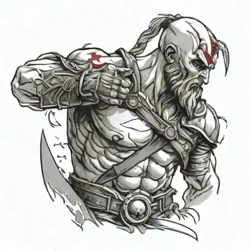 Create a tattoo design inspired by the god of war, with Kratos wielding a powerful blade tattoo design idea