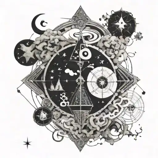 A map of mystical realms with hidden alchemical symbols tattoo design idea