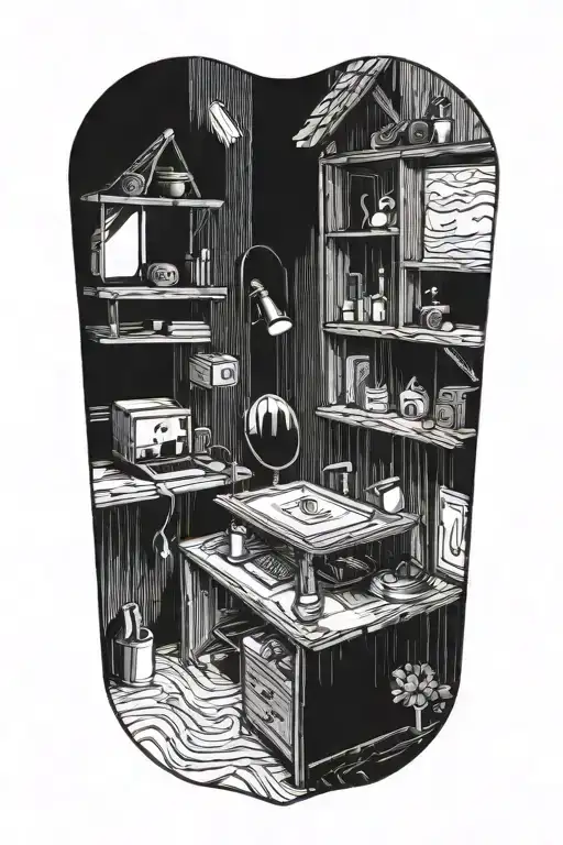 Apartment in wooden style. Inside there is a mirror with a dimension falling into another world. tattoo design idea