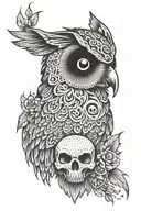 evil owl and skull tattoo design idea
