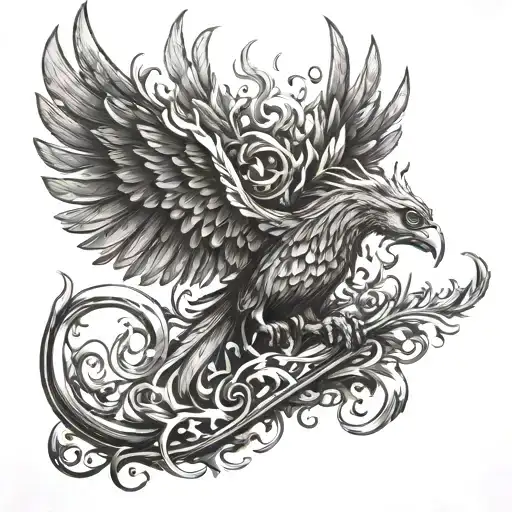 An intricate tattoo design of a phoenix rising from flames, representing resilience and overcoming challenges, with barbells and gym equipment incorporated into the design, set in a realistic style tattoo design idea