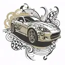 A tattoo design of a sleek sports car racing along a winding road, with musical notes swirling around the vehicle, capturing the thrill of fast driving and passion for music, in a new-school style tattoo design idea