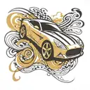 A tattoo design of a sleek sports car racing along a winding road, with musical notes swirling around the vehicle, capturing the thrill of fast driving and passion for music, in a new-school style tattoo design idea