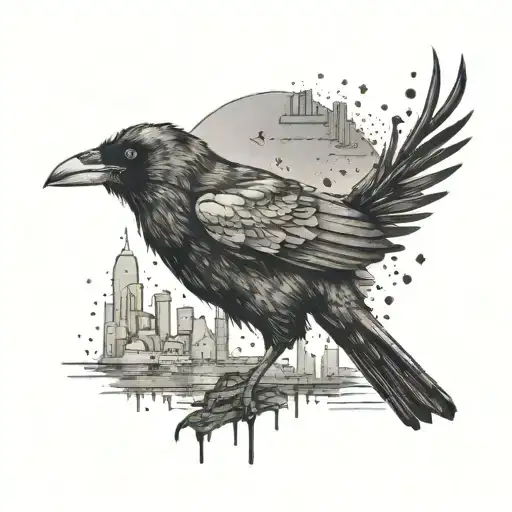 A crow in a dramatic sf movie setting tattoo design idea
