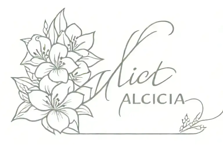 the name "alicia" with pretty flowers intertwined tattoo design idea