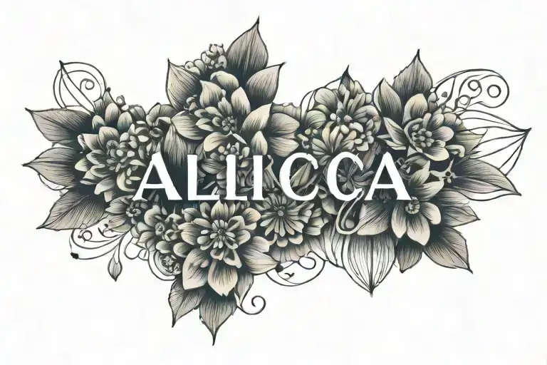 the name "alicia" with pretty flowers intertwined tattoo design idea