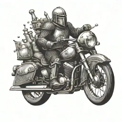 A medieval knight in full armor riding a motorcycle tattoo design idea