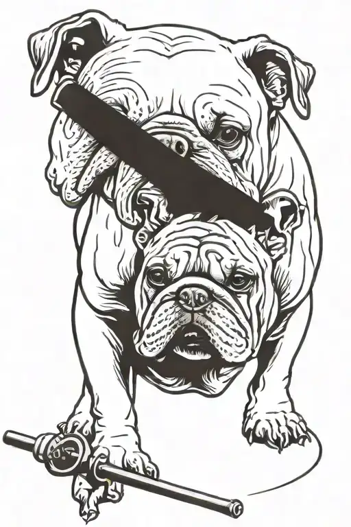 Create a tattoo stencil featuring a stylized bulldog standing on its back legs with a walking cane that he is leaning on tattoo design idea