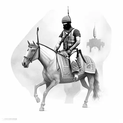 A Muslim soldier during the days of the Islamic State. He is riding on his black horse and carrying his large, single sw tattoo design idea