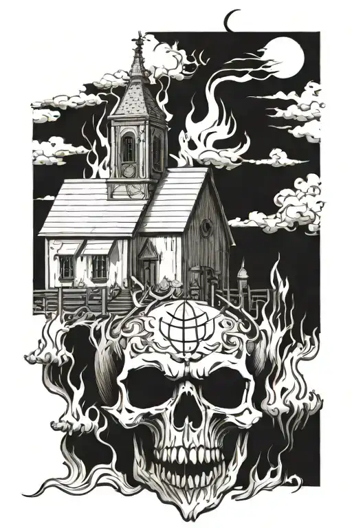 burning church with a demon skull  tattoo design idea