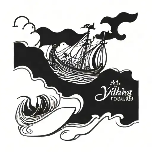 A Viking ship sailing through stormy seas with the phrase 'All your fleeting touches are driving me crazy' in Old Norse script tattoo design idea