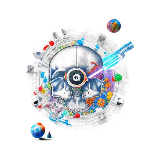 Anatomy-themed gaming console surrounded by Japanese kanji tattoo design idea