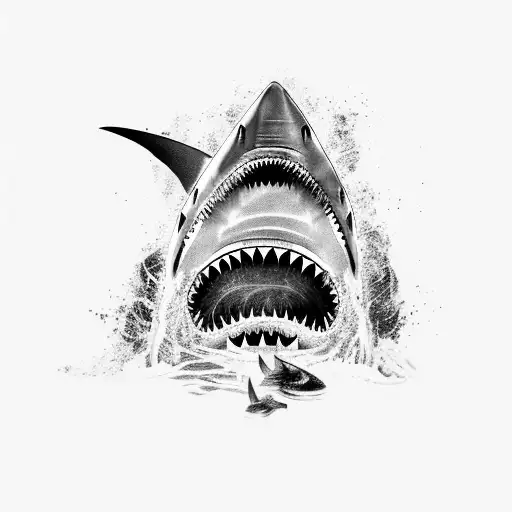 A fierce shark emerging from a swirling oil spill tattoo design idea
