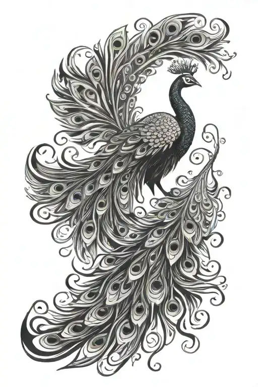 Upper arm peacock tattoo, elegant, black and white. Peacock position( diving) , Feathers position (open,flying,upright) tattoo design idea