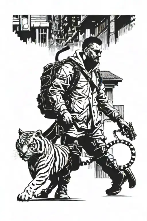 cyberpunk city with guy and tiger walking together tattoo design idea