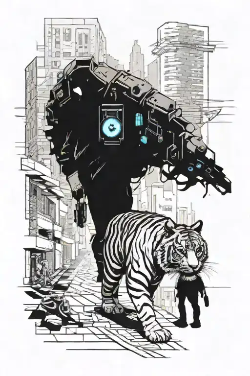 cyberpunk city with guy and tiger walking together inside  tattoo design idea