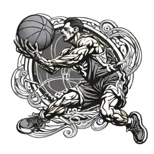 A basketball player dunking a ball with intricate details of muscles and movement tattoo design idea
