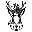 a rabbit's head with deer antlers is surrounded by flowers and the inscription "fallen rabbit" tattoo design idea