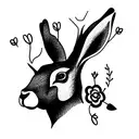 a rabbit's head with deer antlers is surrounded by flowers and the inscription "fallen rabbit" tattoo design idea