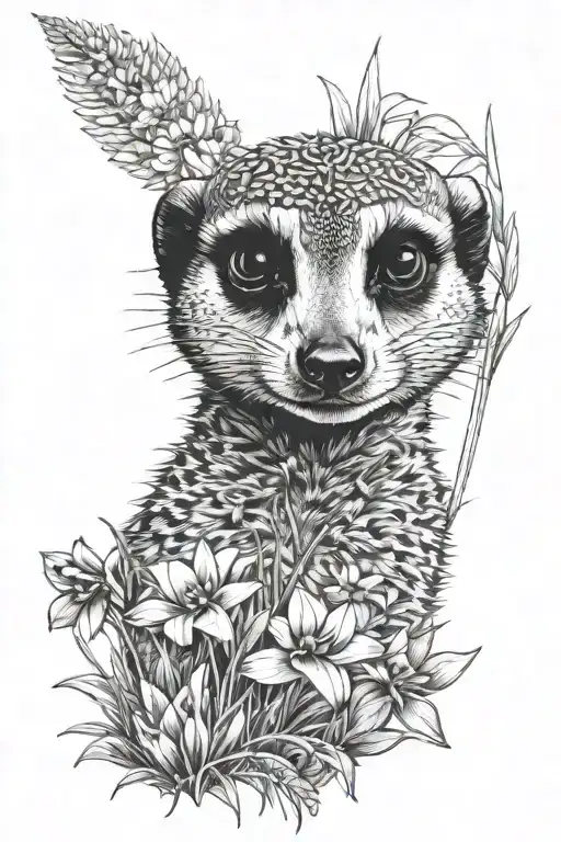 meerkat peeking from behind flowers and grass tattoo design idea