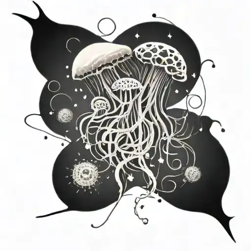dainty jelly fish around abstract flowy lines with scattered small stars tattoo design idea
