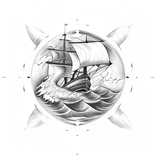 old ship with wooden sails in rough seas with a lighthouse and a compass tattoo design idea
