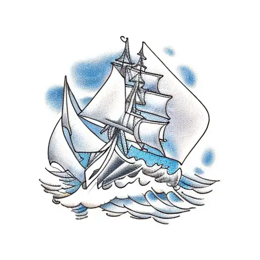 old ship with wooden sails in rough seas with a lighthouse and a compass tattoo design idea