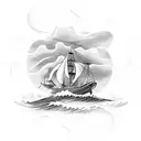 old ship with wooden sails in rough seas with a lighthouse and a compass tattoo design idea