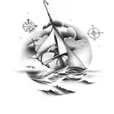 old ship with wooden sails in rough seas with a lighthouse and a compass tattoo design idea