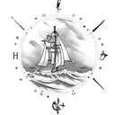old ship with wooden sails in rough seas with a lighthouse and a compass tattoo design idea