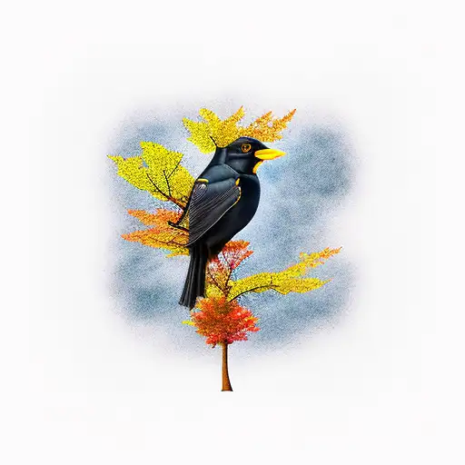 blackbird with fall foliage tattoo design idea