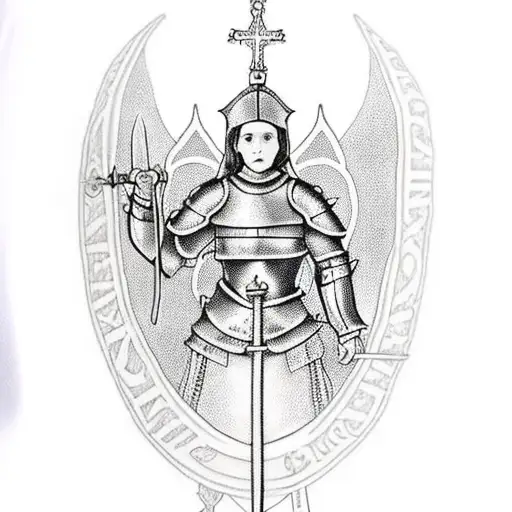 Joan of arc tattoo in black in white in full armor with sword in hand, surrounded in multiple large red flowers in backg tattoo design idea