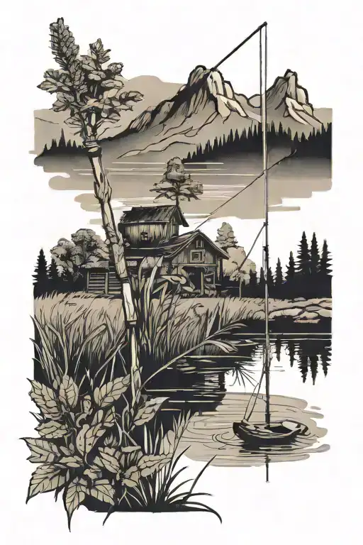 Smokey mountains,mint plant, fishing rod with pond hay field tattoo design idea