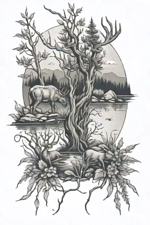 Smokey mountains,mint plant, fishing rod with pond and deer  tattoo design idea