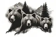 bear head and two baby bear head background is mountains clouds lightning and trees realistic tattoo for full back tattoo design idea
