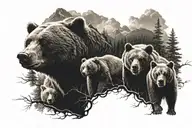 bear head and two baby bear head background is mountains clouds lightning and trees realistic tattoo for full back tattoo design idea