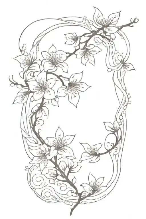 cherry blossom petals on vine with waves going up thigh tattoo design idea