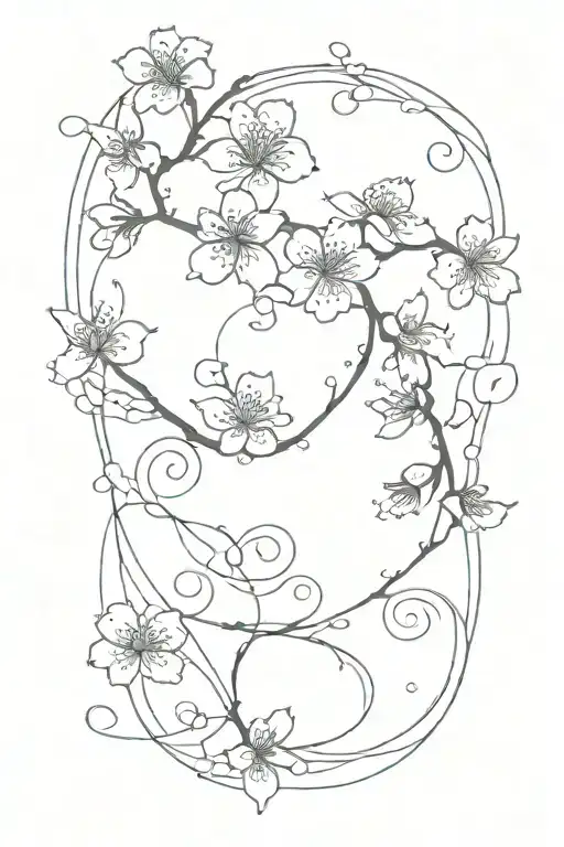 cherry blossom petals on vine with waves going up tattoo design idea